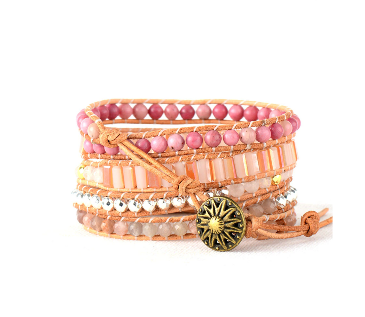 Goldtone Pink Gemstone Wrap Bracelet With Rhondonite, Agate & Rose Quartz