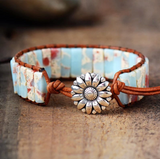 Blue Jasper & Silvertone Sunflower Rectangular Beaded Bracelet