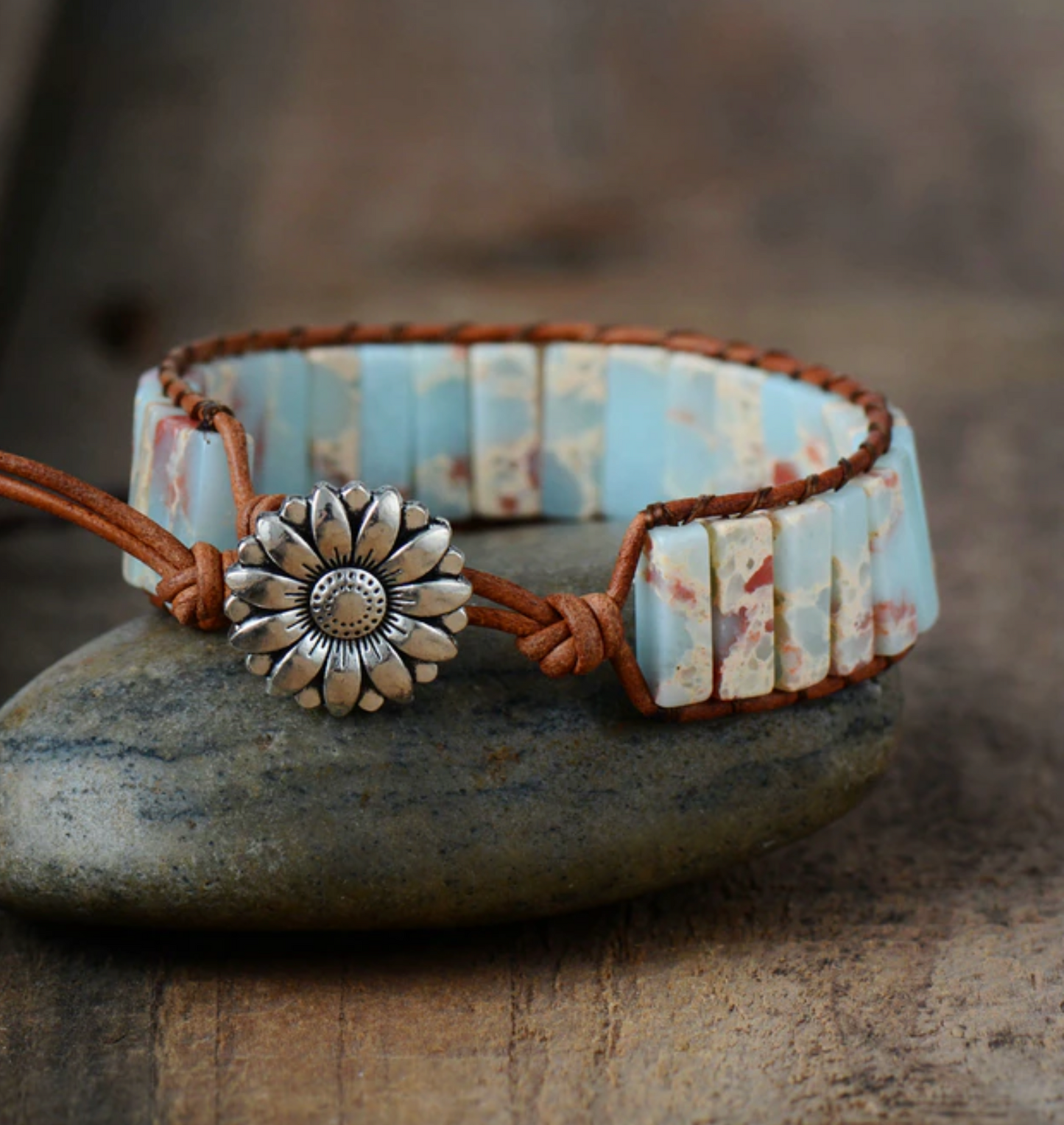 Blue Jasper & Silvertone Sunflower Rectangular Beaded Bracelet