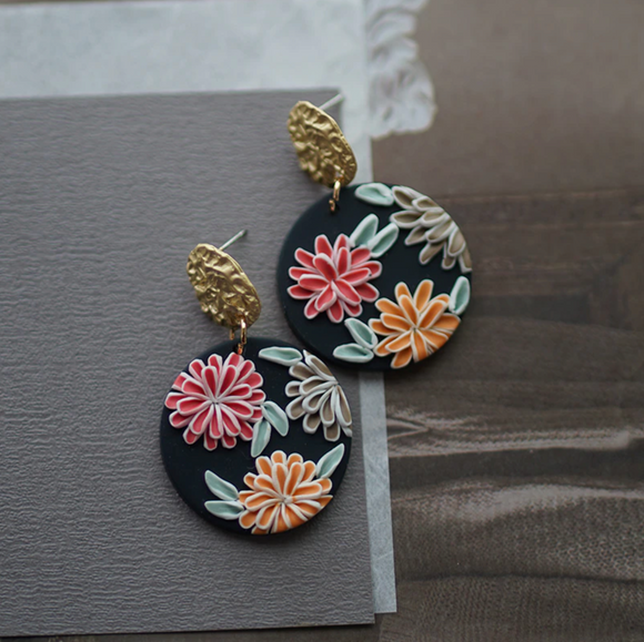 Goldtone & Black Circular Multi Colored Flower Earrings