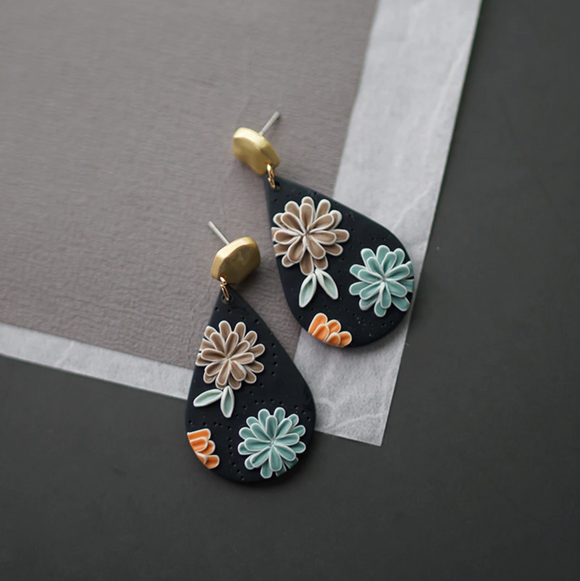 Black Teardrop Floral Clay Earrings