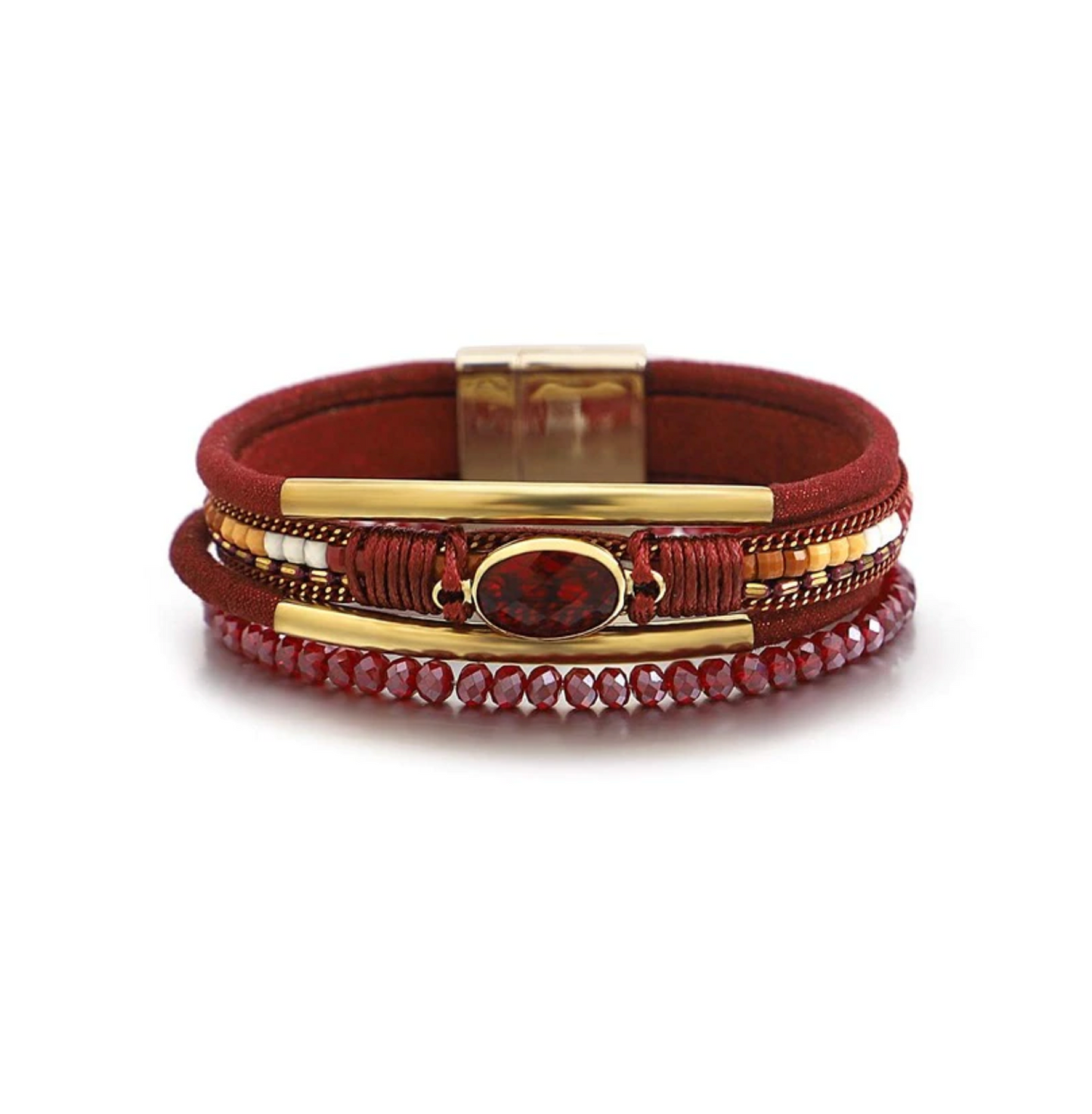 Goldtone & Red Multi-strand Beaded And Oval Bracelet