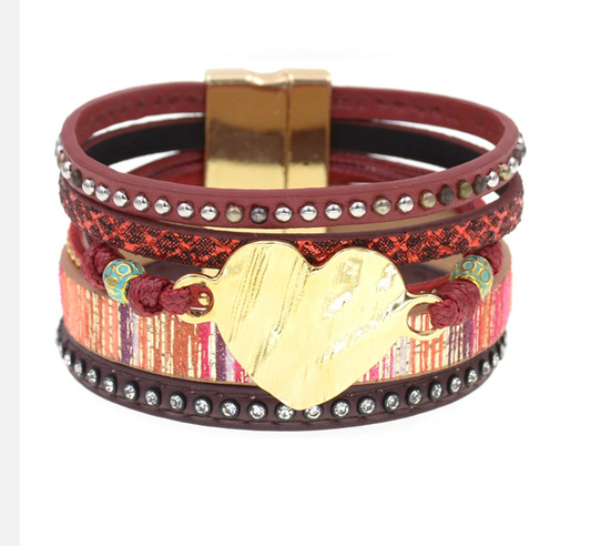 Red Studded Multi-strand Bracelet With Goldtone Heart