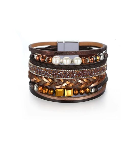 Metallic Brown Braided & Crystal Faux Pearl Multi Strand Bracelet