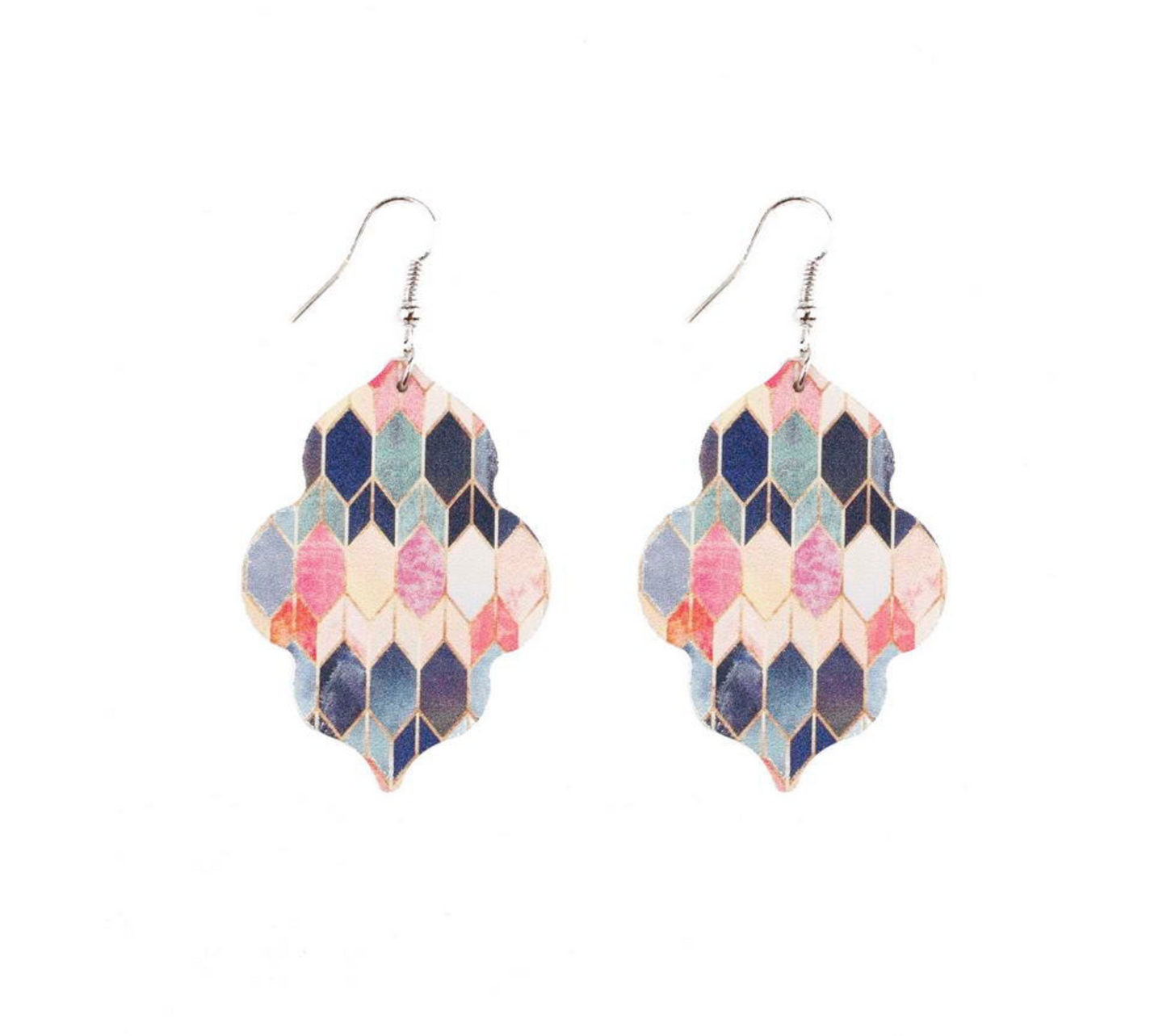 Pink & Navy Patterned Medallion Drop Earrings