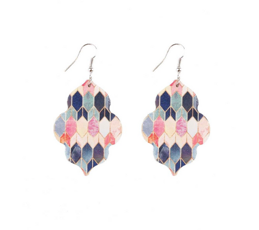 Pink & Navy Patterned Medallion Drop Earrings