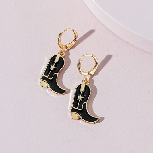 Black And Goldtone Cowboy Boot Drop Earrings