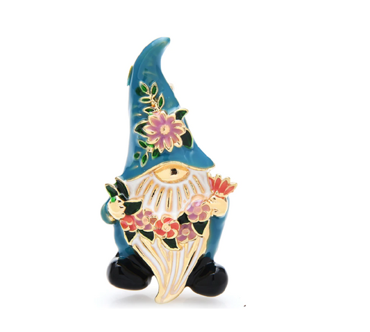 Blue Floral Gnome Brooch