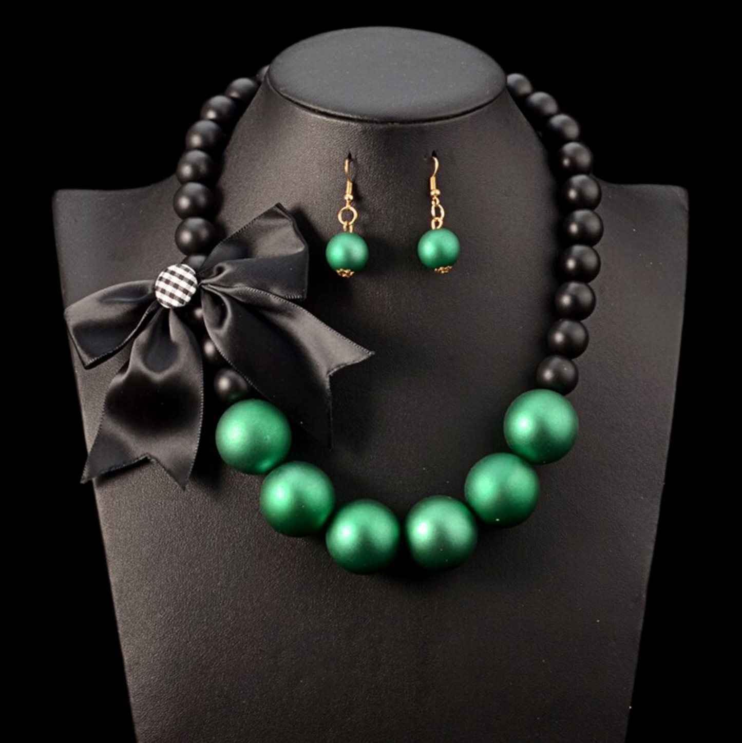 Black Beaded Bow Necklace & Drop Earrings Set