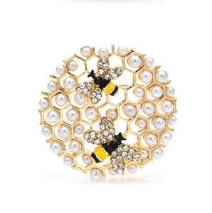 Goldtone Faux Pearl & Crystal Bee Honeycomb Brooch