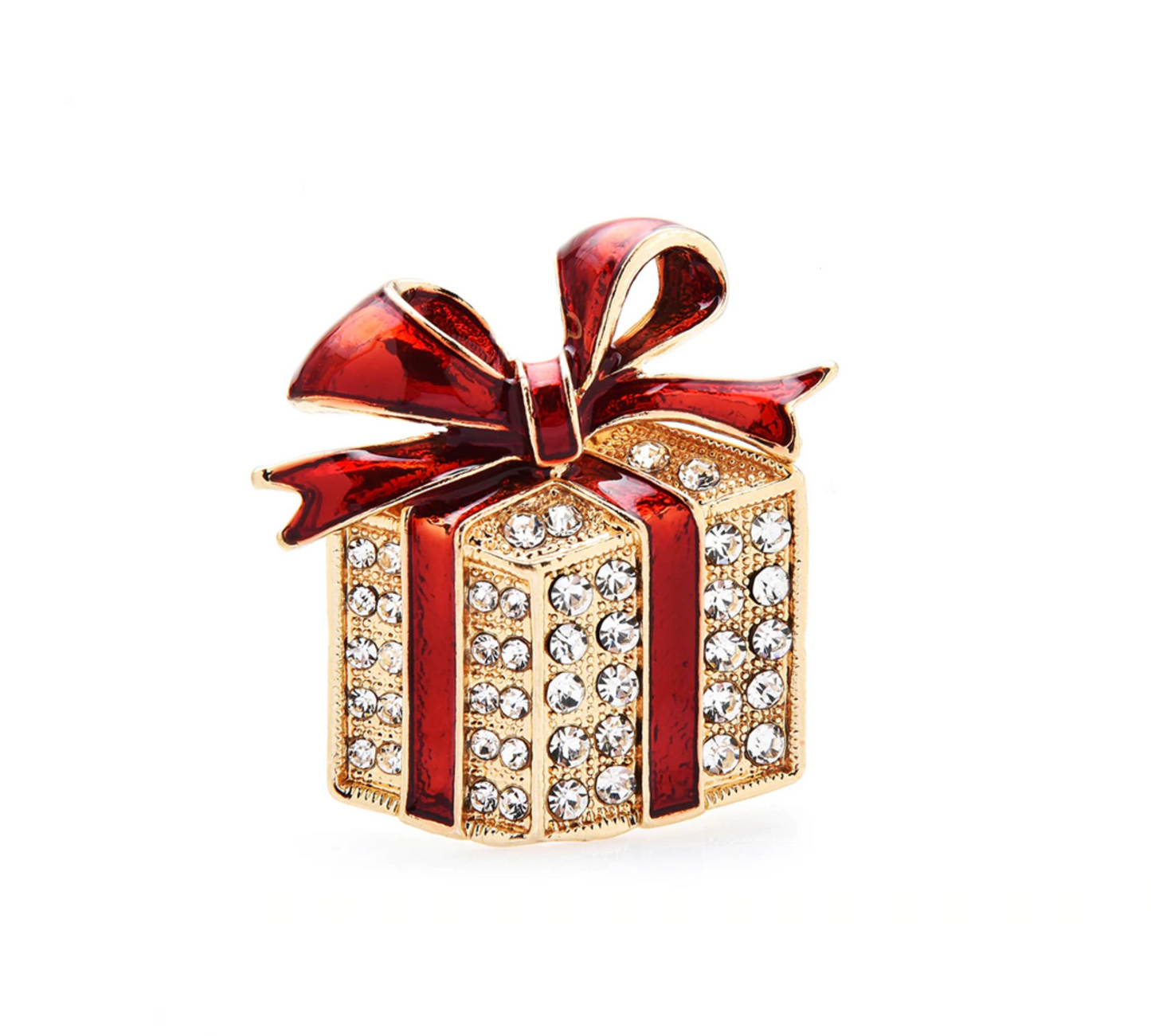 Goldtone Crystal Ribbon Present Brooch