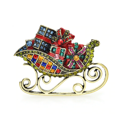 Multi Coloured Crystal Christmas Sleigh Brooch