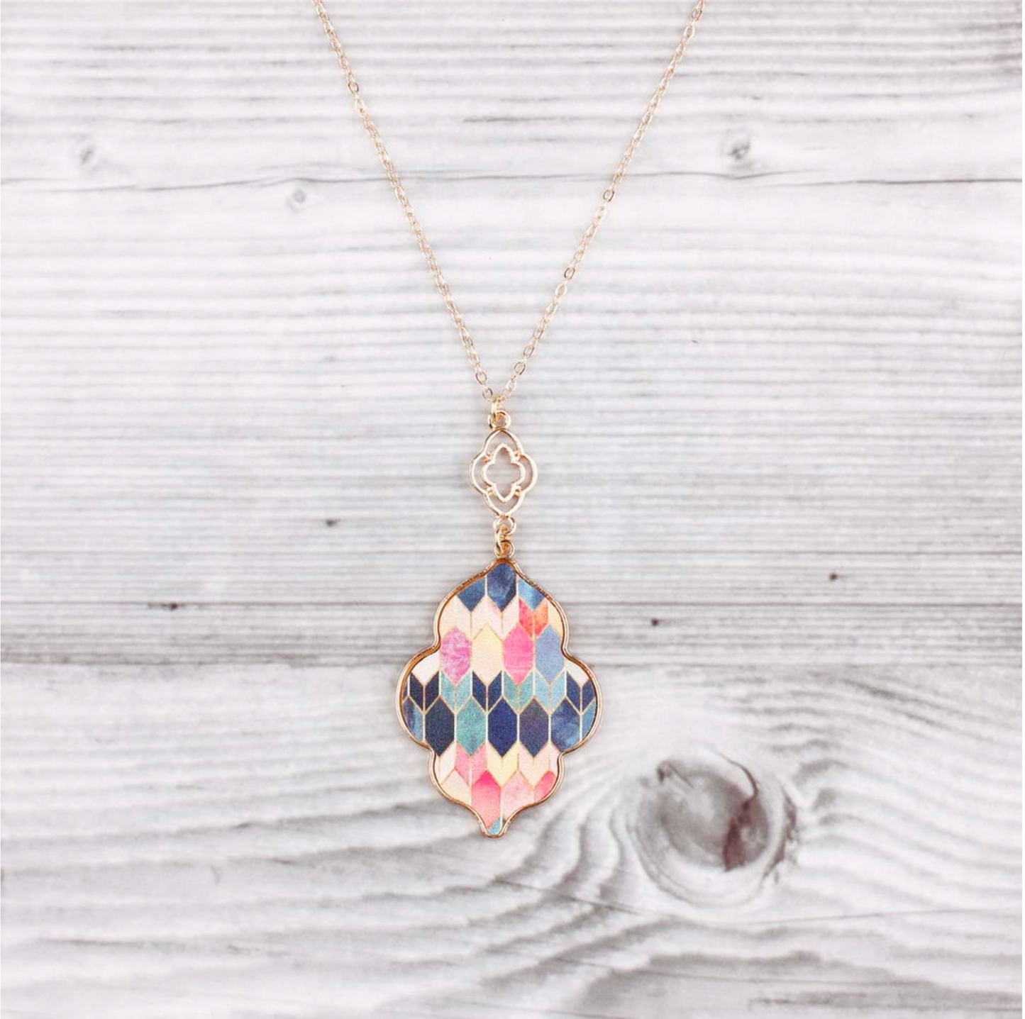 Goldtone Pink & Blue Trefoil Pendant Necklace