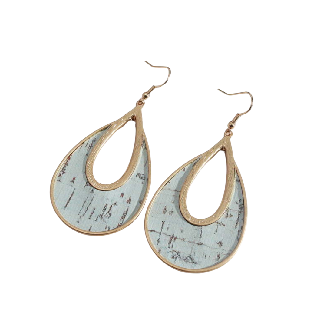 Pale Blue and Goldtone Cutout Teardrop Earrings