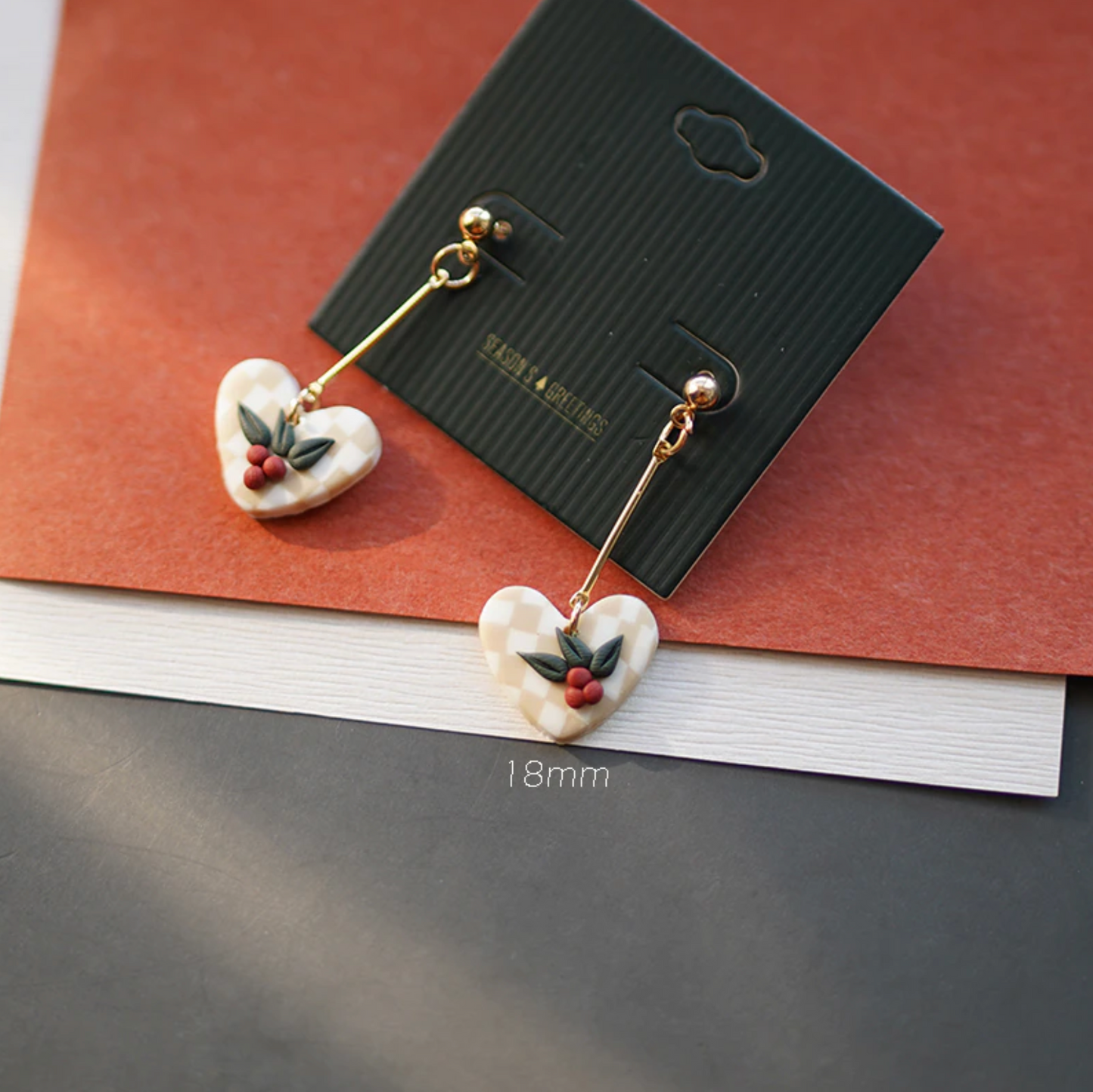 Goldtone Clay Heart Holly Drop Earrings