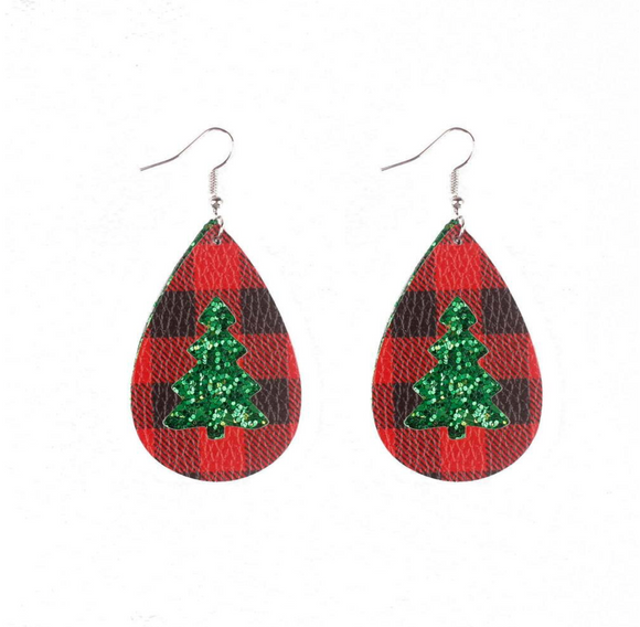 Red Plaid & Green Glittering Christmas Tree Teardrop Earrings