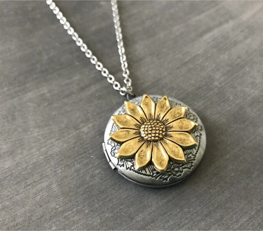 Two-tone Sunflower Locket Pendant Necklace