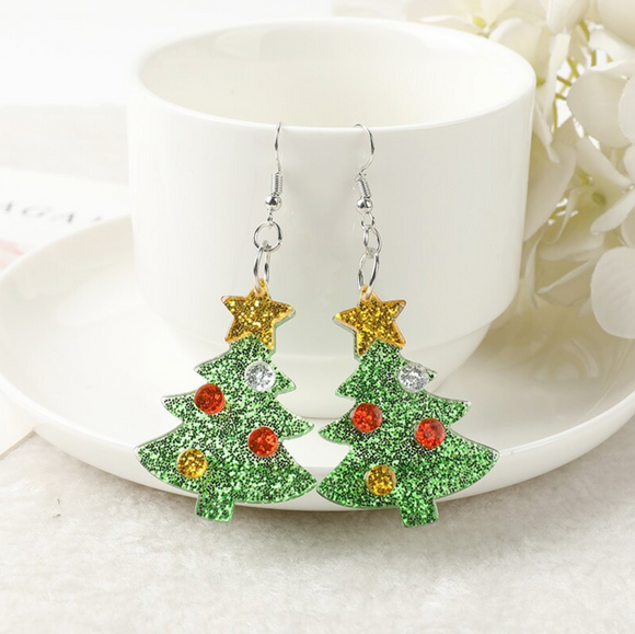 Green Glittering Christmas Tree Drop Earrings