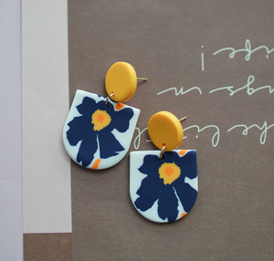 Blue & Yellow Flower Arched Drop Earrings