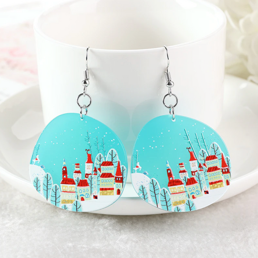 Blue Circular Winter Village Circular Drop Earrings