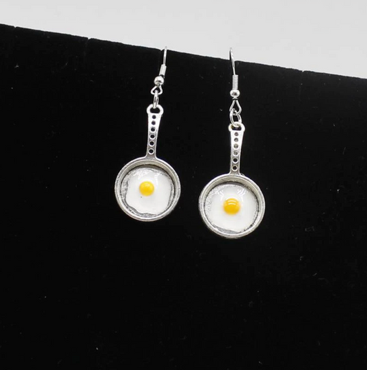 Silvertone Eggs In Frying Pan Drop Earrings