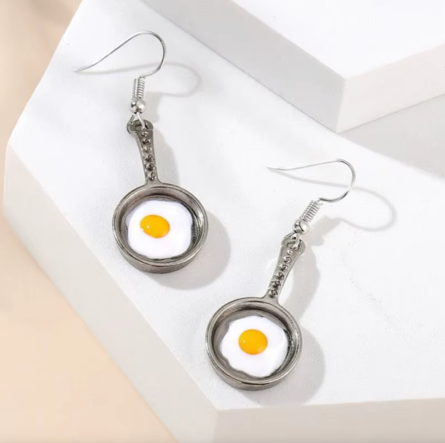 Silvertone Eggs In Frying Pan Drop Earrings