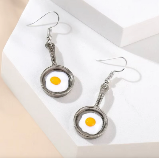 Silvertone Eggs In Frying Pan Drop Earrings