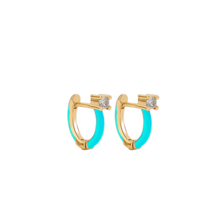 Goldtone & Neon Blue Huggie Hoop Earrings With Crystals