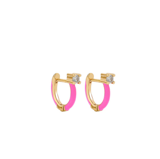 Goldtone Bright Pink & Crystal Huggie Hoop Earrings