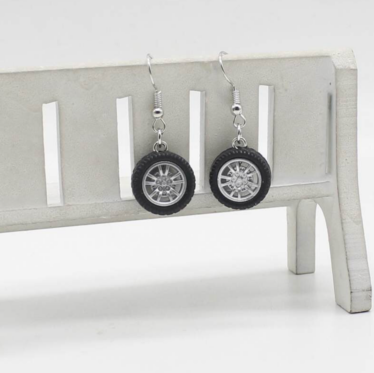 Silvertone & Black Tire Drop Earrings