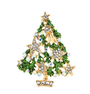 Goldtone & Green Crystal Christmas Tree With Stars