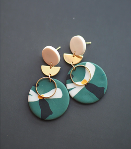 Goldtone Green & White Floral Circular Drop Earrings