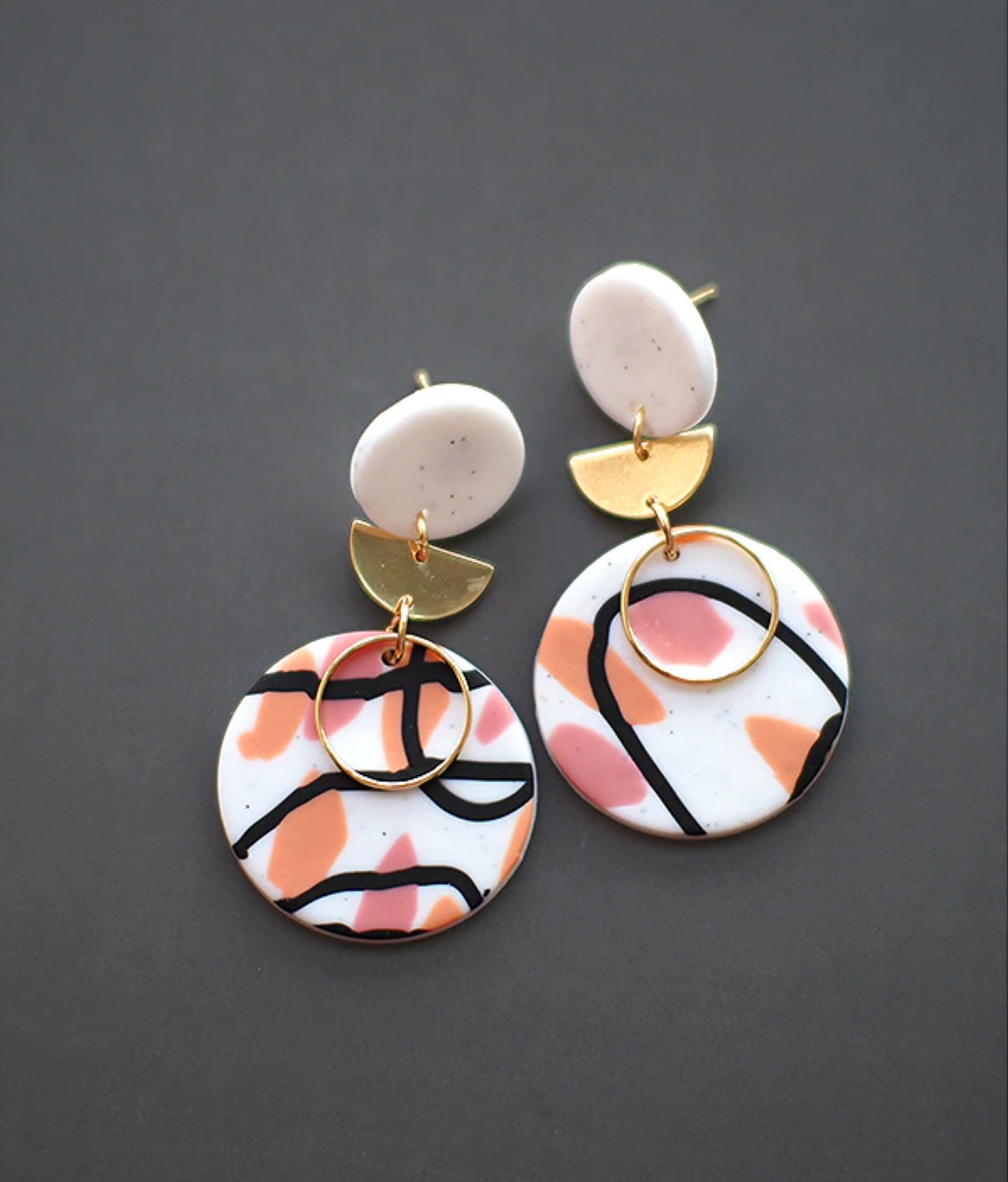 Pink, Orange & Black Abstract Circular And Goldtone Drop Earrings