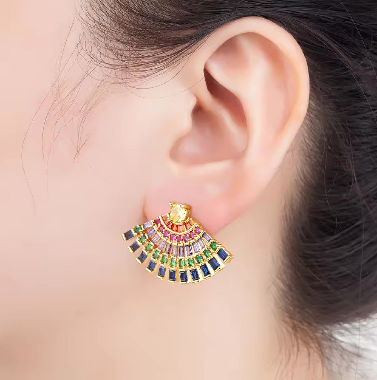 Goldtone Multi-color Cubic Zirconia Fan Earrings