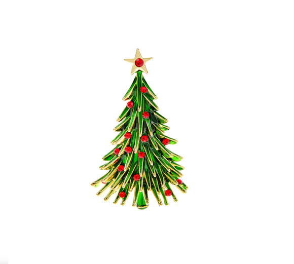 Green Christmas Tree With Red Ornaments Brooch
