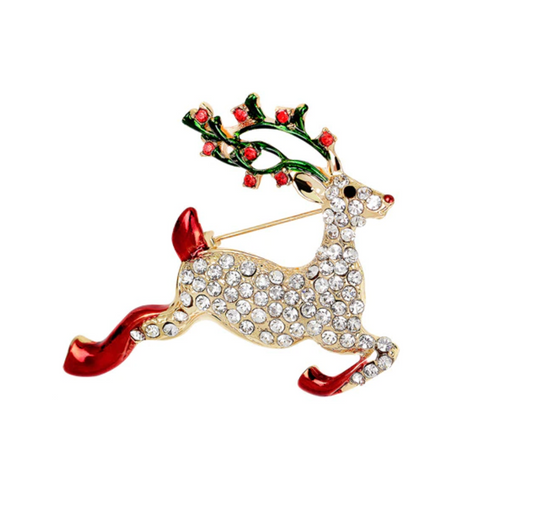 Red & Green Crystal Encrusted Prancing Reindeer Brooch