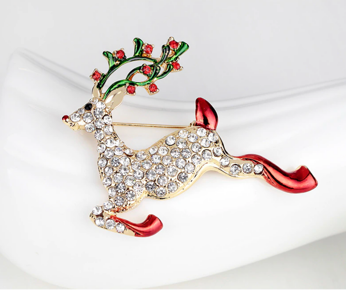 Red & Green Crystal Encrusted Prancing Reindeer Brooch