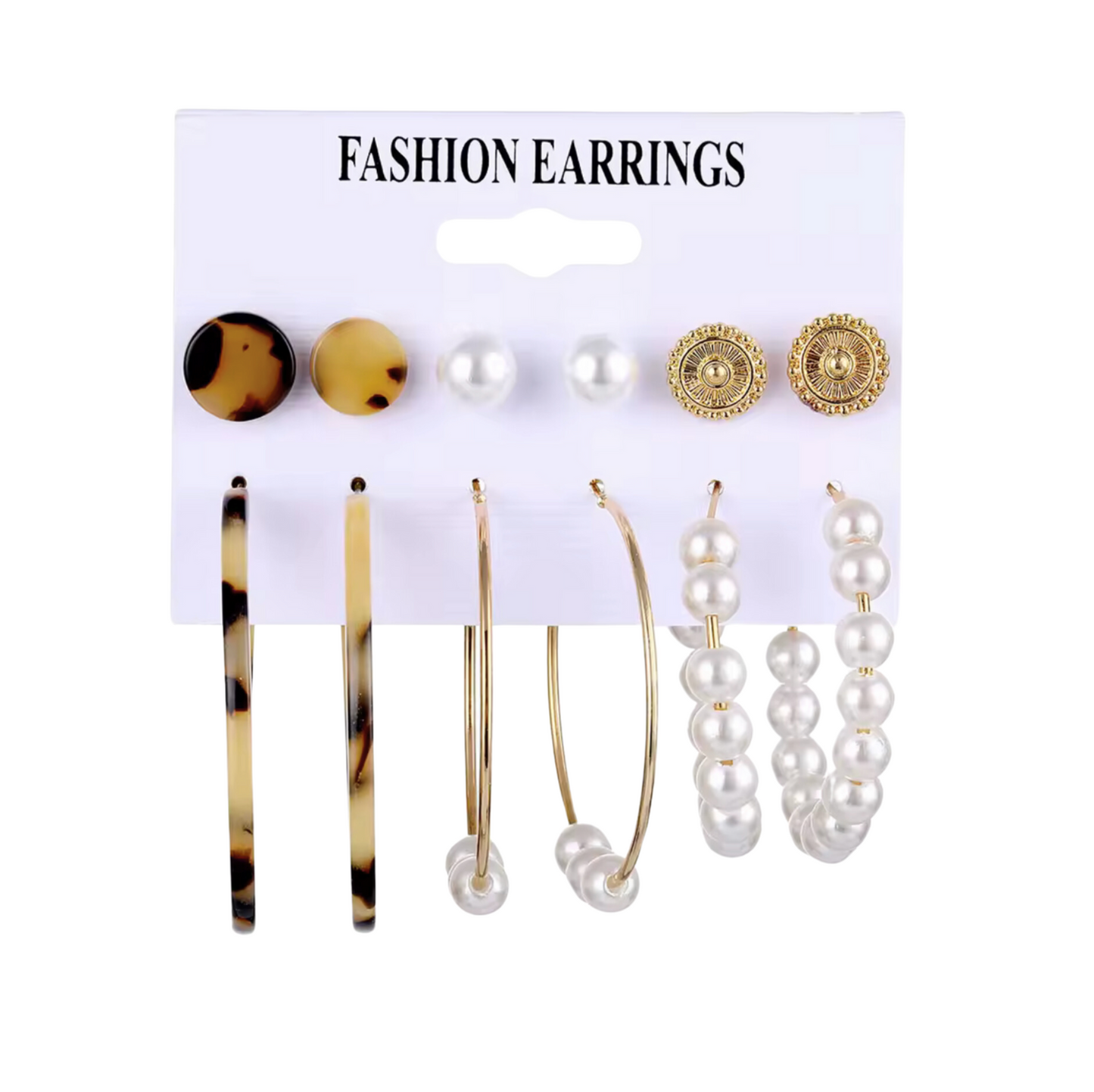 Faux Tortoise Shell & Imitation Pearl Set Of 6 Stud And Hoop Earrings
