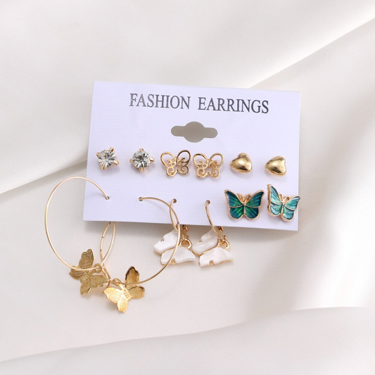 Goldtone & Green Butterfly Set Of 6 Stud And Drop Earrings