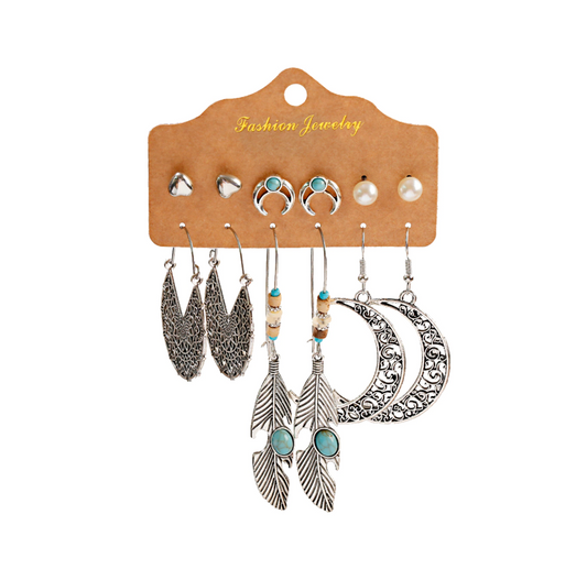 Boho Silvertone & Turquoise Feather And Crescent Moon Set Of 6 Earrings
