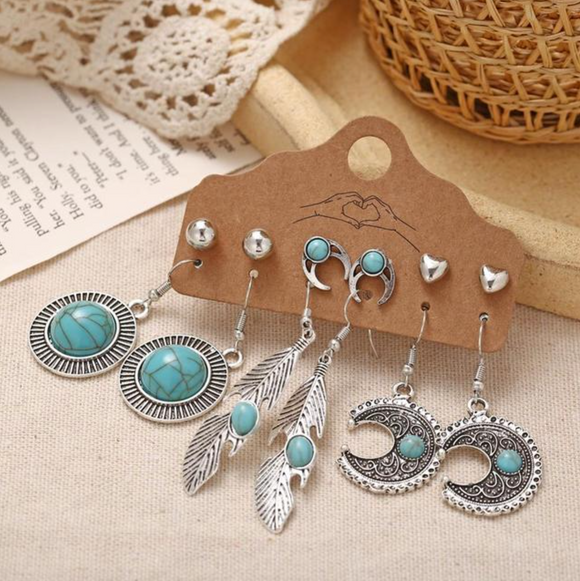 Silveronte & Turquoise Boho Feather And Moon Earring Set
