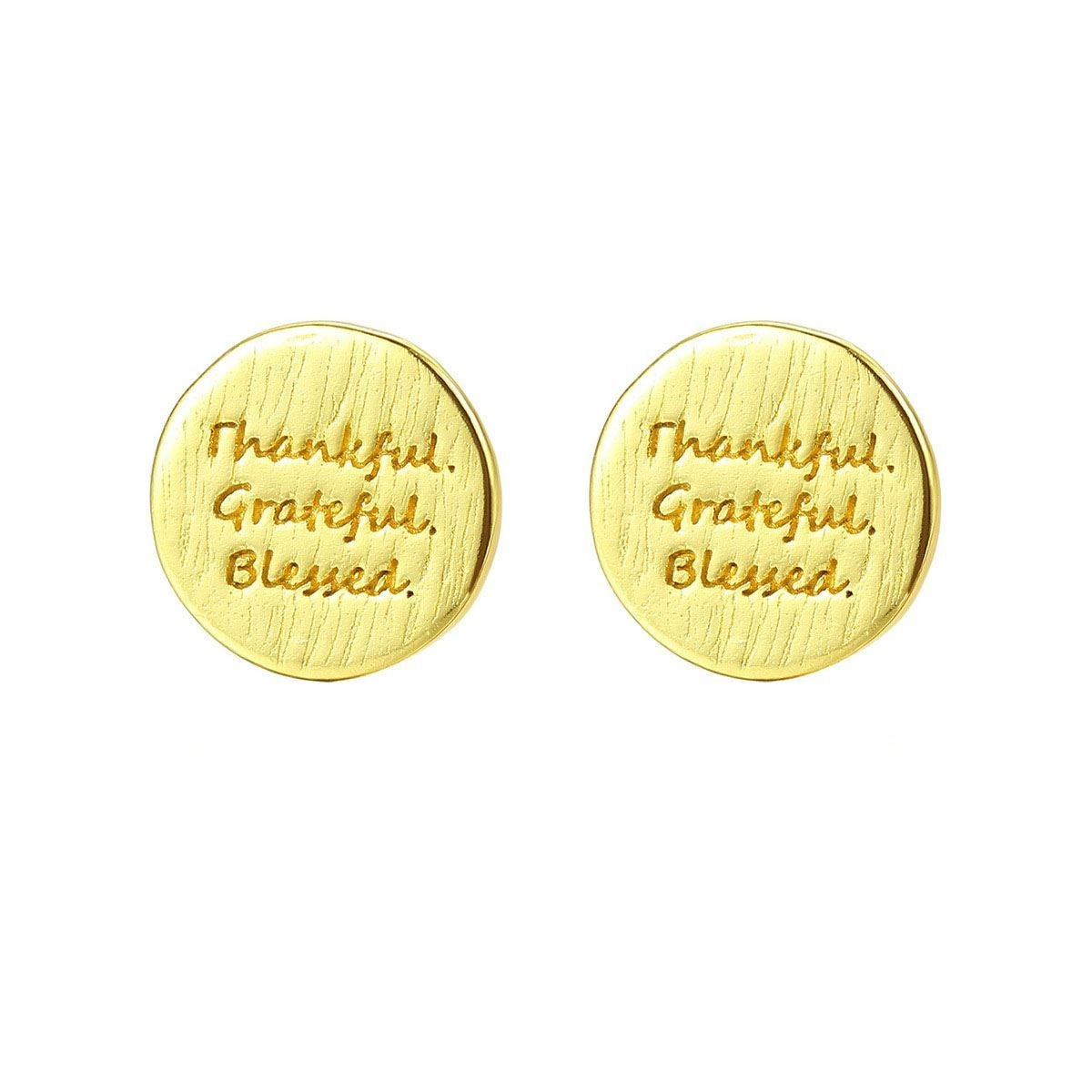 Gold Plated Sterling Silver 'Thankful Grateful Blessed' Circular Stud Earrings