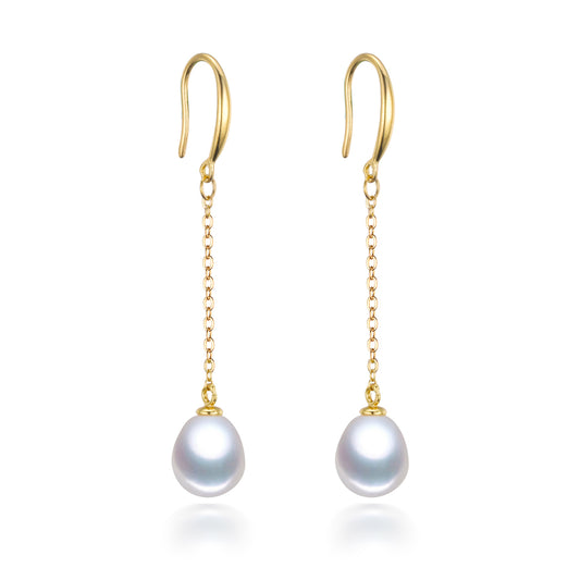 Gold Plated Sterling Silver Freshwater Pearl Chain Drop Earrings