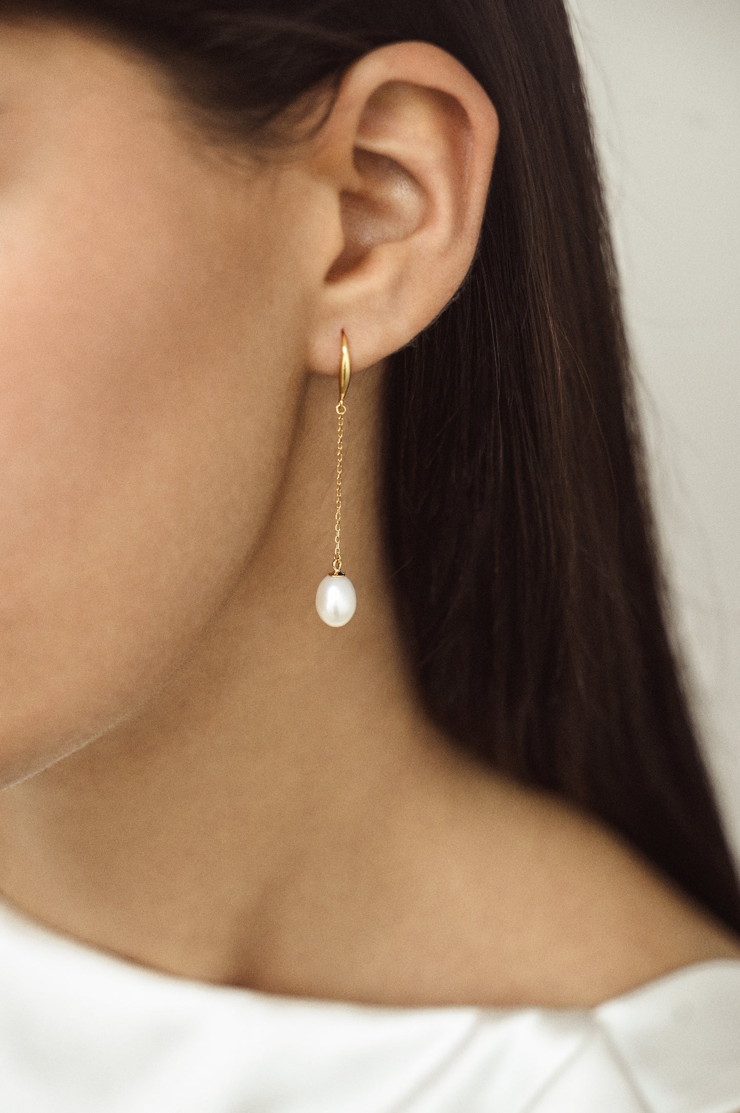 Gold Plated Sterling Silver Freshwater Pearl Chain Drop Earrings