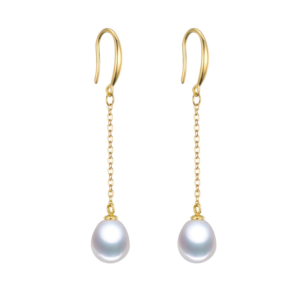 Gold Plated Sterling Silver Freshwater Pearl Chain Drop Earrings