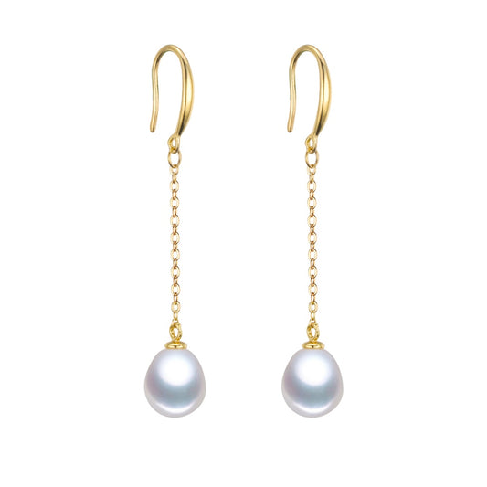 Gold Plated Sterling Silver Freshwater Pearl Chain Drop Earrings