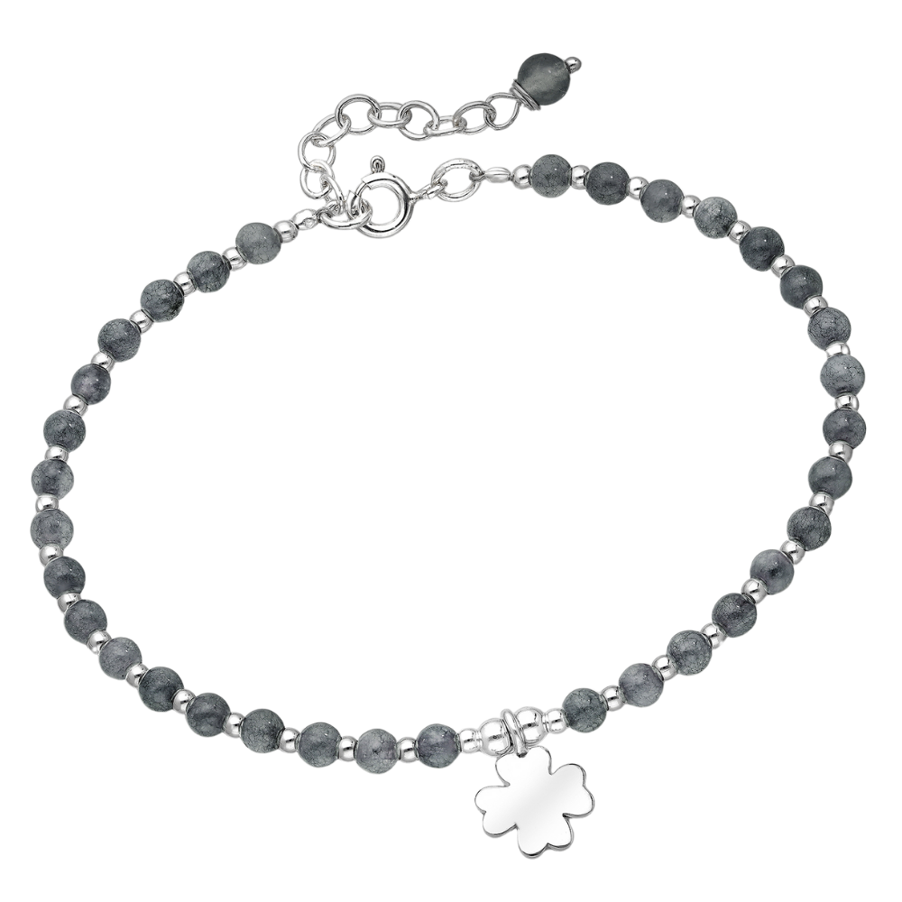 Sterling Silver Semi-Precious Gemstone Beaded Bracelet with Clover Charm