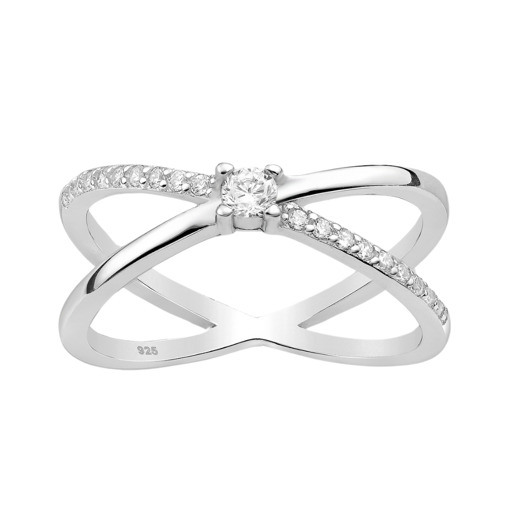 Sterling Silver & Clear CZ Crossover Solitaire Ring