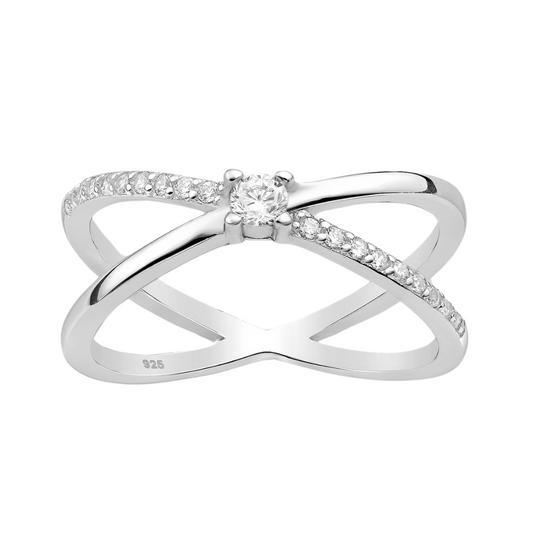 Sterling Silver & Clear CZ Crossover Solitaire Ring