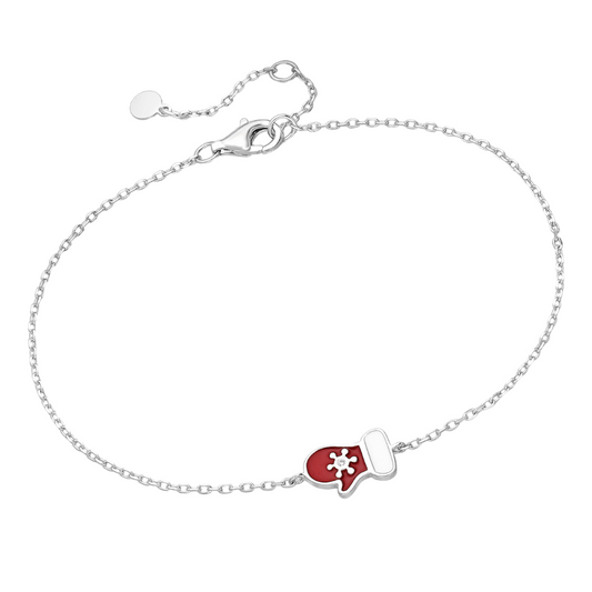 Sterling Silver Red Winter Mitten with Dainty CZ Adjustable Bracelet